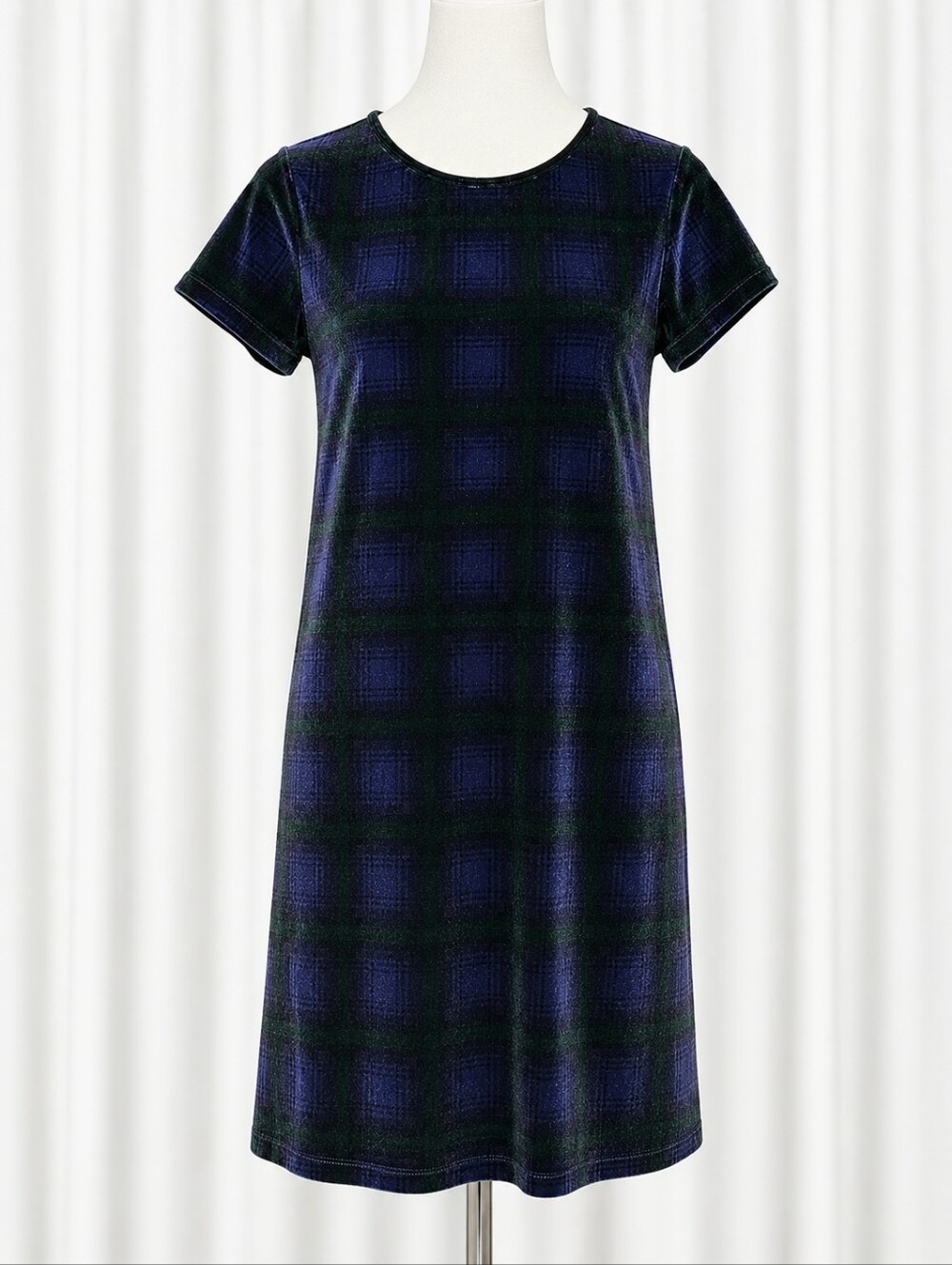 Vineyard Vines Blue Green Velvet Blackwatch Plaid Preppy Stretch Shift Dress